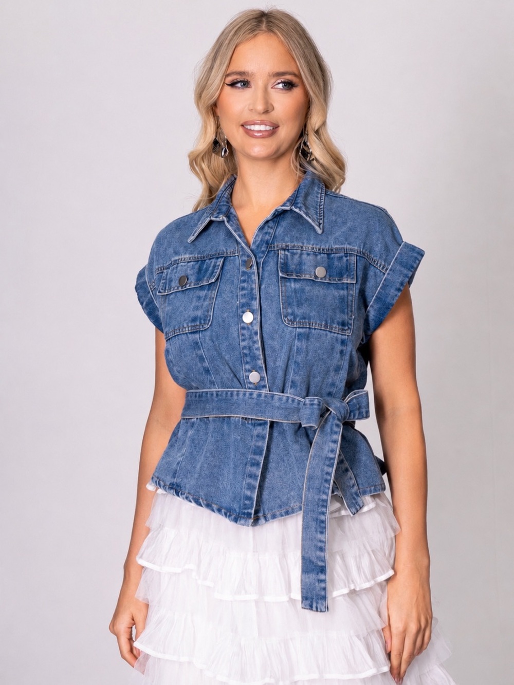 Luxe Denim Belted Peplum Vest Top